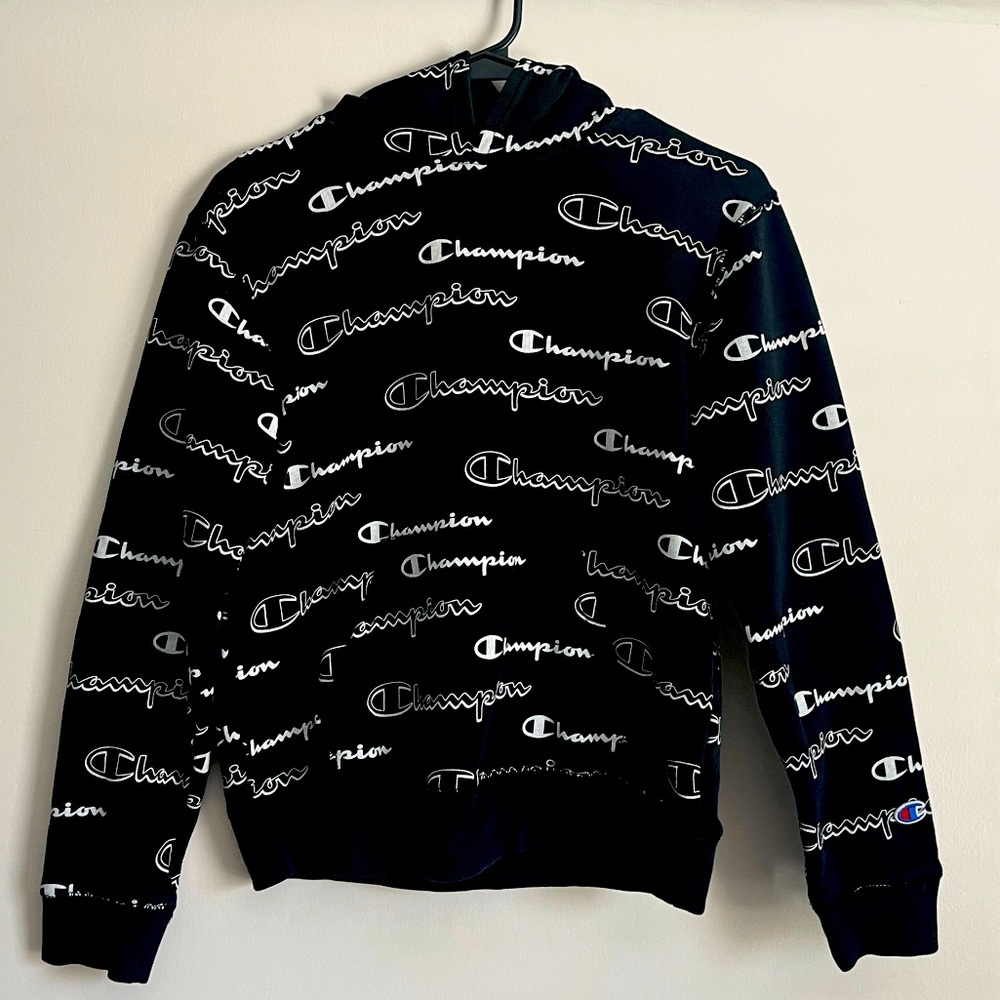 Champion Black and White Logo Hoodie - Youth Large